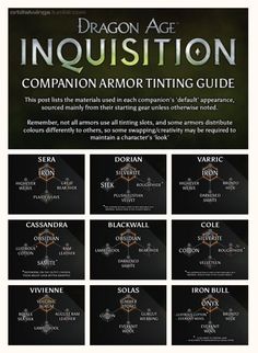 the dragon age inquisiton companion armor guide is displayed on a white background