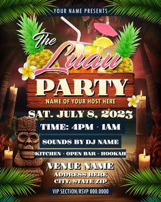 a flyer for a tropical party with tiki and pineapples in the background