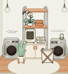 a kitchen with an oven, washer and dryer on the floor next to a potted plant