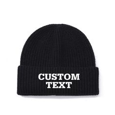 a black beanie with the word custom text on it