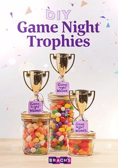 the game night trophies are filled with candy