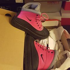 Great Condition, Worn Only Once To Match My Daughter, Practically Brand New $70 Obo Pink Waterproof Low-top Sneakers, Pink Casual Synthetic Boots, Pink Sneakers For Winter Streetwear, Sporty Waterproof Pink Boots, Sporty Pink Waterproof Boots, Pink Waterproof Sneakers With Round Toe, Pink Round Toe Boots, Pink Waterproof Lace-up Boots, Acg Nike