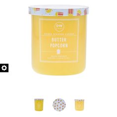 a jar of butter popcorn next to three pieces of the same product on a white background