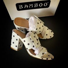 Bamboo Women’s Black & White Polka Dot Slip-On Sandals New Size 5.5 Brand New With W Heel Ht. 4” Block Heels Item Number Blkcab Spring High Heel Sandals With Polka Dot Pattern, Polka Dot Round Toe Sandals For Party, Polka Dot High Heel Sandals For Spring, Polka Dot Heels For Summer Party, Chic Polka Dot Open Toe Heels, Chic Polka Dot Heels For Spring, Studded Gladiator Sandals, Black And White Sandals, Pearl Sandals