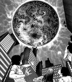 an image of people in the city with a giant planet above them, and one person reaching