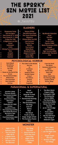 the spooky movie list is shown in black and orange, with an orange background