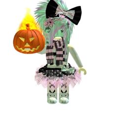 a halloween doll holding a pumpkin and wearing a black bow tie with an evil face on it's chest