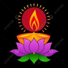 a lit candle on top of a purple flower with green leaves around it and the sun above