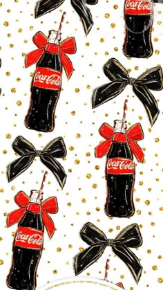 coca - cola bottles with bows and glitters on white background, seamless pattern