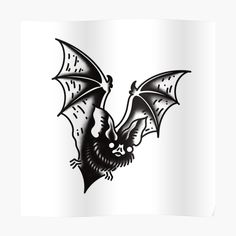 a black and white drawing of a bat with fangs on it's wings poster