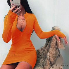 Lasaky - Chic Solid Color Long Sleeve Dress with Zipper Neckline, Figure-Flattering and Sensual Bodycon Design. Cotton Short Dresses, Pencil Skirt Dress, Plain Dress, Mini Dress Fashion, White Dress Party, Ribbed Dress, Mini Robes, Winter Trends, Hip Dress