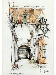 a drawing of an old building with a door