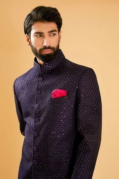 Shop for Raghavendra Rathore Blue Blue Raw Silk Sequin And Thread Embroidered Achkan for Men Online at Aza Fashions Achkan For Men, Raghavendra Rathore, Raw Silk Embroidery, Sequin Embroidery, Pattern Embroidery, Sequins Embroidery, Silk Embroidery, Band Collar, Churidar