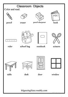 the classroom objects worksheet is shown in black and white, with an image of school