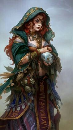 a painting of a woman with red hair holding a skull and wearing a green cape