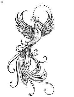 a black and white drawing of a bird with swirls on it's wings