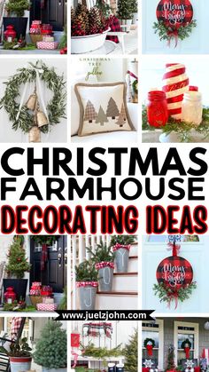 christmas farmhouse decorating ideas with red and green decorations on the front door, wreaths and