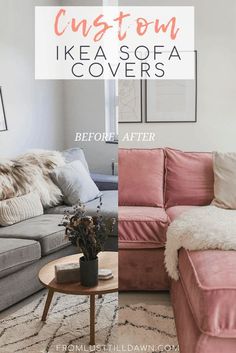 a living room with pink couches and rugs on the floor, before and after