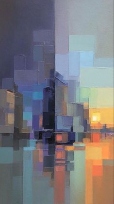 an abstract painting of buildings and water with the sun setting in the sky behind them