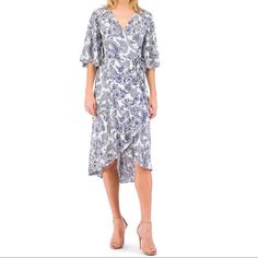 Brand New With Tags Bobeau $98 Orna Navy Paisley Print Wrap Dress From Nordstrom! Smoke Free Home Stitch Fix Brand Navy Polka Dot Dress, Pink Wrap Dress, Chiffon Ruffle Dress, Criss Cross Dress, Floral Ruffle Top, Geometric Dress, Peach Dress, Red Cocktail Dress, V Neck Midi Dress