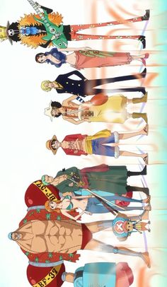 the seven main characters from one piece in an anime style line up against each other