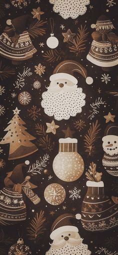 a christmas tree with santa claus and other holiday decorations on brown background, featuring snowflakes