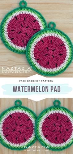 two crocheted watermelon coasters on top of a wooden table