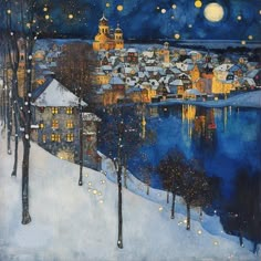 a painting of a snowy night over a town