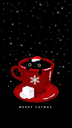 a black cat sitting in a red cup on top of a saucer with marshmallows