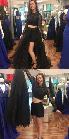 Two Pieces Long Sleeves Lace Black Prom Dresses, Two Pieces Black Formal Dresses, Evening Dresses Black Formal Dresses, Black Lace Prom Dress, Prom Dress With Train, Cheap Prom Dresses Long, Prom Dresses Two Piece, Elegant Prom Dresses, Black Dress Formal, Black Prom Dress, Black Formal