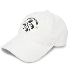 a white baseball cap with the words and symbols in black on it, sitting against a white background