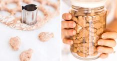 a person holding a glass jar filled with food next to a cookie doughnut hole