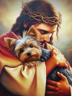 a painting of jesus holding a small dog