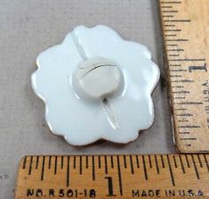 a white flower shaped button sitting on top of a ruler