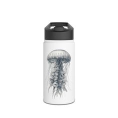 a white and black water bottle with an image of a jellyfish on it's side