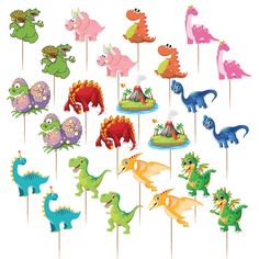 dinosaur cupcake toppers are on sticks with different shapes and sizes, including dinosaurs