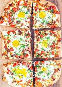 the pizza is cut into eight pieces and ready to be eaten with an egg on top