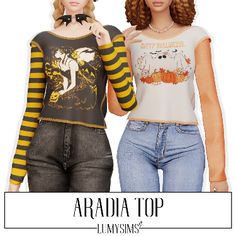 two dolls are standing next to each other in front of a sign that says, arcadia top lumysims