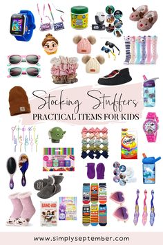 a collection of items that include shoes, hats and other things to wear for kids