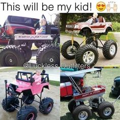 there are four different pictures of kids in toy cars and trucks, one is a jeep