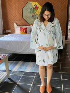 This is our maternity robe in our softest stretch jersey organic cotton. You can use it during pregnancy and later for nursing too. It will make an amazing gift for any mom to be.It works great for hospital gown as well. I can add buttons in the back for epidural. You can choose that option at the time of checkout.As for the fabric pattern, we have used a hand drawn and digitally painted technique. So they are all unique designs. And we got these designs printed on the softest Jersey knit stretc Cotton Nursing-friendly Sleepwear For Maternity, Cotton Nursing Friendly Sleepwear For Maternity, Cotton Maternity Sleepwear Nursing Friendly, Cotton Maternity Dress Bump Friendly, Cotton Nursing Friendly Maternity Dress, Cotton Maternity Dress Nursing Friendly, Spring Cotton Maternity Dress, Bump Friendly Cotton Maternity Dress, Blue Cotton Maternity Dress