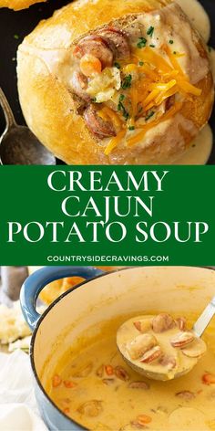 creamy cajun potato soup in a blue bowl with a spoon