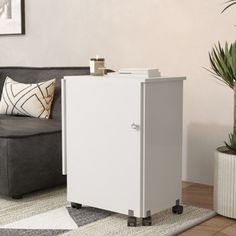 a white cabinet sitting on top of a wooden floor next to a couch and potted plant