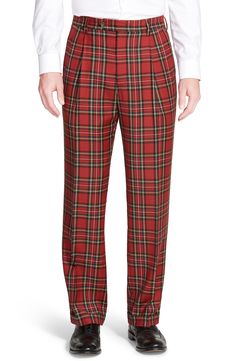 Eye-catching tartan plaid stamps bold wool trousers marked by a classic pleated cut. 10 1/4" rise. Zip fly with button closure. Slant pockets; back button-closure welt pockets. Partially lined. 100% wool. Dry clean. By Berle; imported. Men's Clothing. Mens Plaid Pants, Royal Stewart Tartan, Mens Clothing Store, Checked Trousers, Man Stuff, Mens Fashion Classy, Wool Trousers, Mens Plaid, Plaid Pants