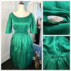 You will catch every eye in the room with this absolutely stunning emerald green satin dress! The epitome of 1960s fashion with a wide graceful neckline and elbow length sleeves, and of course, sporting a sassy little bow in the back. A Harry Keiser classic. The tulip skirt creates such a fantastic silhouette and I love that swish!! (See video). Closes up in back with a long nylon zipper and the bow snaps across. Beautiful silky soft satin catches the light in a million different ways as you mov Emerald Green Satin Dress, Vintage Cocktail Party, Dress Emerald Green, Green Satin Dress, Tulip Skirt, Vintage Cocktail, Cocktail Party Dress, 1960s Fashion, Satin Bow