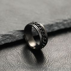 Adjustable Black Alloy Ring, Black Alloy Chain Jewelry, Black Stainless Steel Ring Jewelry, Elegant Black Chain Link Jewelry, Black Metal Jewelry With Adjustable Chain, Black Round Jewelry With Adjustable Chain, Black Jewelry With Adjustable Round Chain, Stainless Steel Chain Link Ring For Gift, Adjustable Metal Ring With Chain Detail