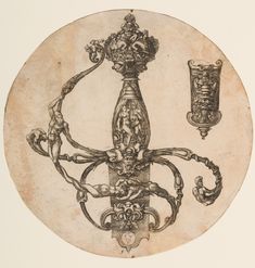 an antique drawing of a chandelier with two candles on the top and one candle in the middle