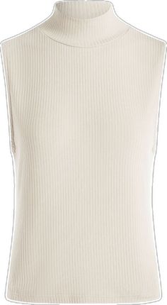 Chic White Tank Top With Ribbed Neckline, Chic Ribbed Turtleneck Tank Top, Chic White Ribbed Tank Top, White Fitted Turtleneck Tank Top, White Ribbed Knit Tank Top, White Sleeveless Ribbed Top, High Neck Ribbed Knit Tank Top, Ribbed Knit High Neck Tank Top, Ribbed Turtleneck Tank Top