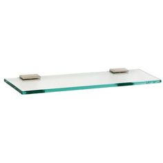 a glass shelf that has two square shelves on top and one rectangular shelf below it