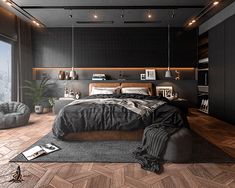 a large bed sitting next to a window on top of a wooden floor